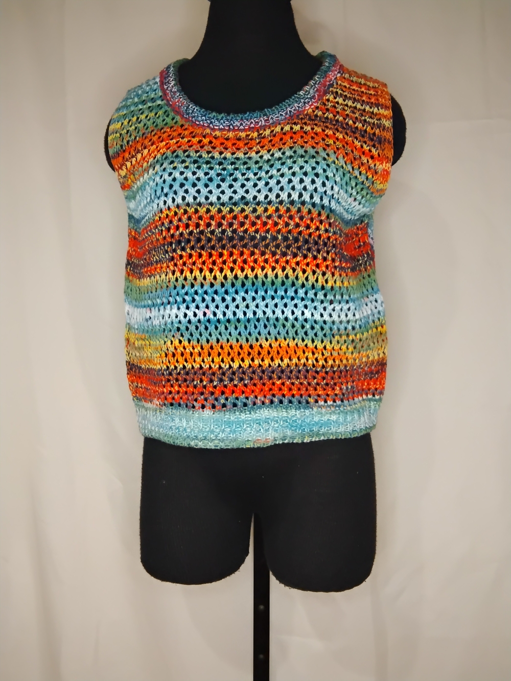 En Creme Multicolor Open-Weave Tank with Turquoise, Orange and Yellow Stripes